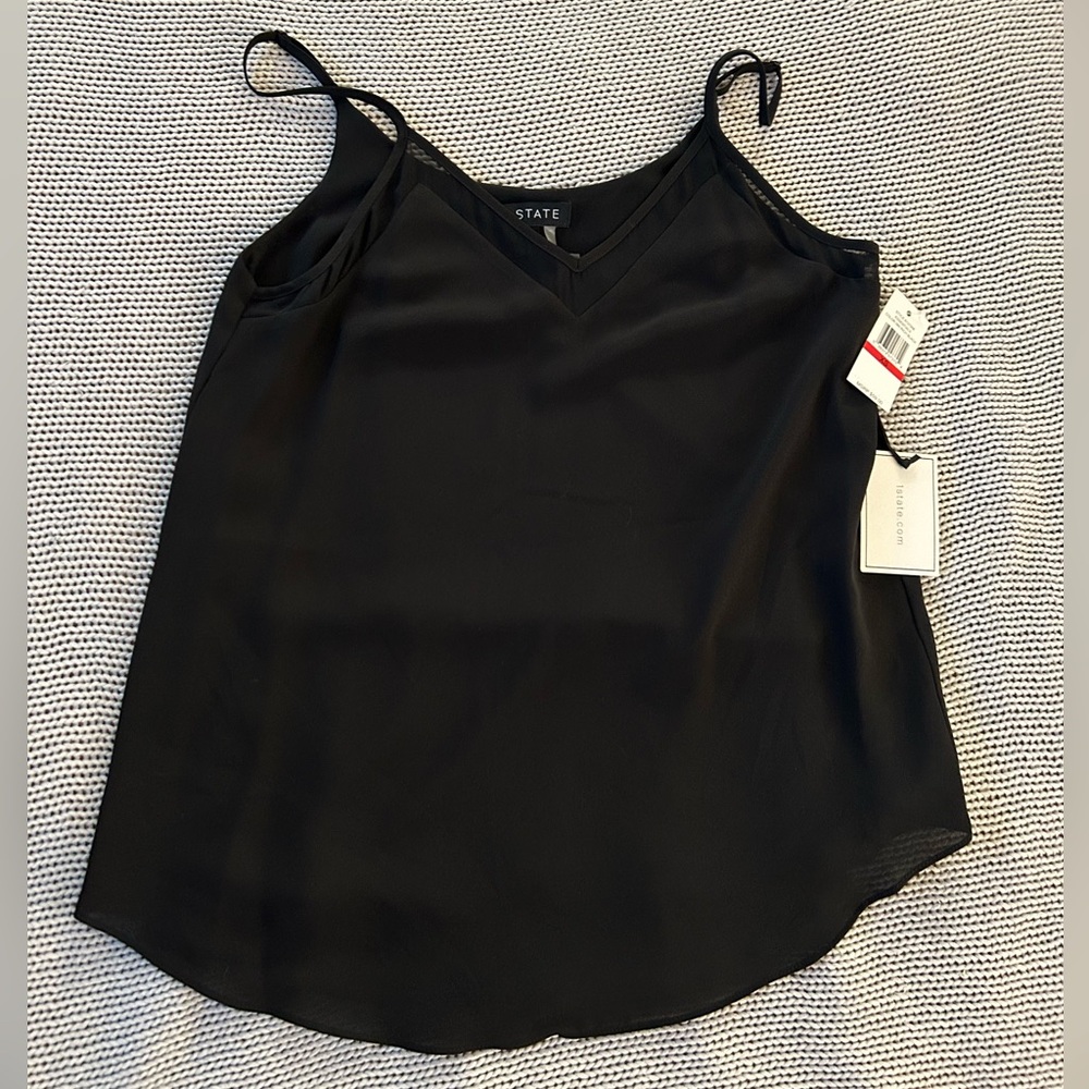 NWT 1. State Womens Black Chiffon Trim V Neck Tank Blouse XS